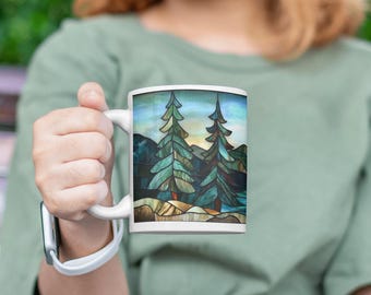 Stained Glass Mountain and Trees Mug for Camping Lovers -11oz 15oz Ceramic Coffee Mug -Mountain Landscape Forest Mug -Hiking Gifts