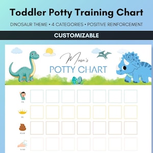 Tabla de entrenamiento para ir al baño personalizable con temática de dinosaurios, tabla de recompensas para el entrenamiento para ir al baño para niños pequeños, tabla de calcomanías Montessori para ir al baño - Descargar PDF