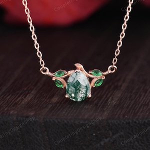 Pear cut Moss agate Pendant Necklace Rose gold leaf Necklace for Women marquise cut emerald Pendant Necklace Bridal Jewelry promise gift