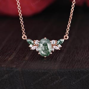 Natural Moss agate Necklace Unique Cluster Moissanite Pendant Rose gold Moss Agate Necklace Bridal Jewelry Anniversary Birthday gift