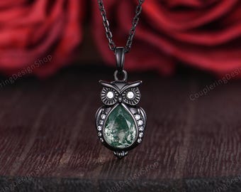 Gothic Owl Moss Agate Necklace: Art Deco Animal Black Gold Necklace Jewelry