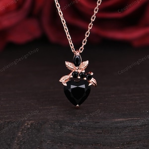 Black Onyx Heart Pendant Necklace/Black Stone Heart Charm Necklace/Branch Leaf Style Pendant/Rose Gold Necklace For Women/Anniversary Gifts