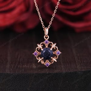 Unique Blue Sandstone Necklace For Women Rose Gold Round cut Pendant Art Deco Twig Amethyst Pendant Necklace Galaxy Promise Anniversary Gift
