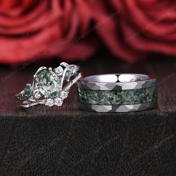 Oval Cut Moss Agate Couples Ring Set His and Hers Wedding Band- Silver & Tungsten Ring Set Matching Nature Inspired Couples Promise Rings