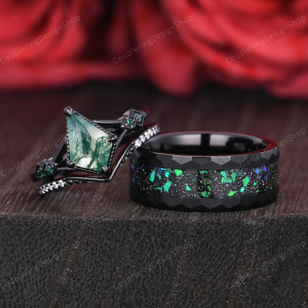 Unique Moss Agate & Emerald Rings Black Gold Couples Ring Set Gothic His and Hers Wedding Band Mens Tungsten Ring Promise Rings For Couple