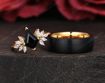 Unique Black Onyx Couples Ring Set Unique Diamond Cluster Ring Yellow Gold His and Her Wedding Band Kite Cut Anniversary Promise Rings