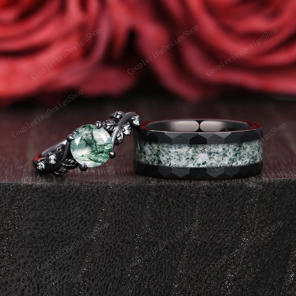 Natural Moss Agate Couples Ring Set Gothic Black Gold His and Her Wedding Band Mens Moss Agate Ring Unique Round Cut Promise Rings