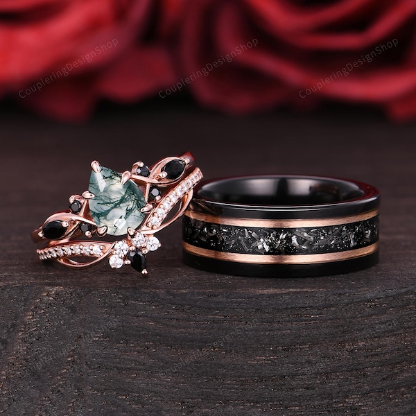 Natural Moss Agate Couples Ring Set Unique Cluster Bridal Ring Rose Gold His and Hers Wedding Bands Mens Tungsten Ring Pear Promise Rings
