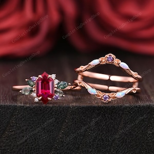 Hexagon cut Ruby Opal engagement ring set women 14k rose gold moss agate branch leaf cluster wedding band Floral promise ring for her