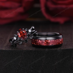Natural Red Garnet Couples Ring Set, Garnet Ring for Her, Black Tungsten Ring for Him, His and Hers Rings, Matching Rings Set, January Gifts