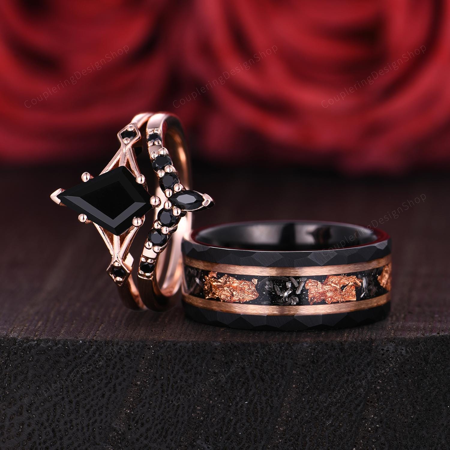 希少 dan tomimatsu set ring 3.5 18k yg 黒漆 Vintage Black Onyx Couple Ring Set Rose Gold His and Hers Wedding