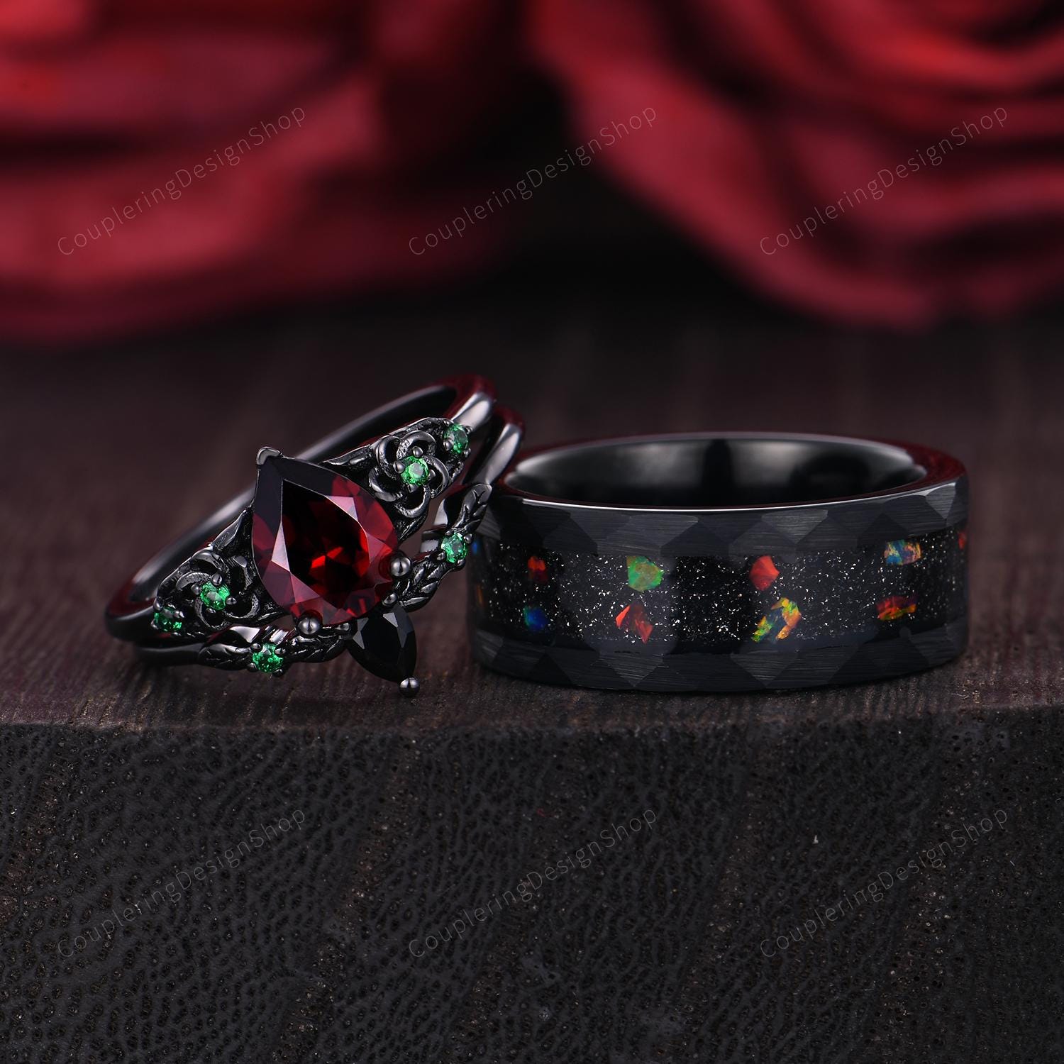 Wedding Ring Sets His and Hers Black and Red - Etsy