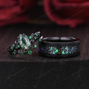 Natural Moss Agate & Emerald Rings Black Gold Couples Ring Set Gothic His and Hers Wedding Band Mens Tungsten Ring Unique Promise Rings