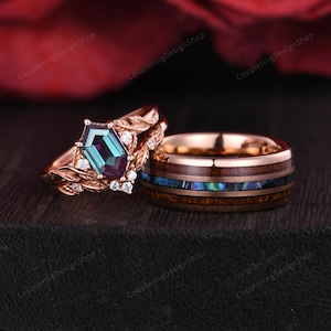 Leaf Design Alexandrite Couple Ring Set Vintage Hexagon cut Ring Rose Gold His and Hers Wedding Band Mens Wooden Ring June Birthstone Ring