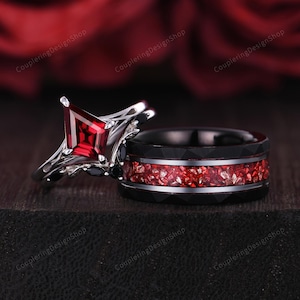 Kite Cut Garnet Engagement Ring Unique Crushed Garnet Mens Tungsten Ring Art Deco Bridal Stacking Ring Set Garnet Promise Rings For Couples