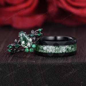 Natural Moss Agate Couples Rings Black Gold Gothic His and Hers Wedding Band Mens Tungsten Ring Unique Promise Rings Coffin Cut Womens Ring