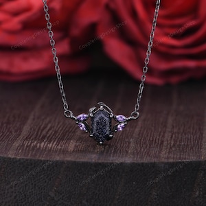Retro Hexagon Blue Sandstone Necklace, Galaxy Sandstone Jewelry, Unique Black Gold Necklace, Nature Inspired Amethyst Necklace, Gift For Her