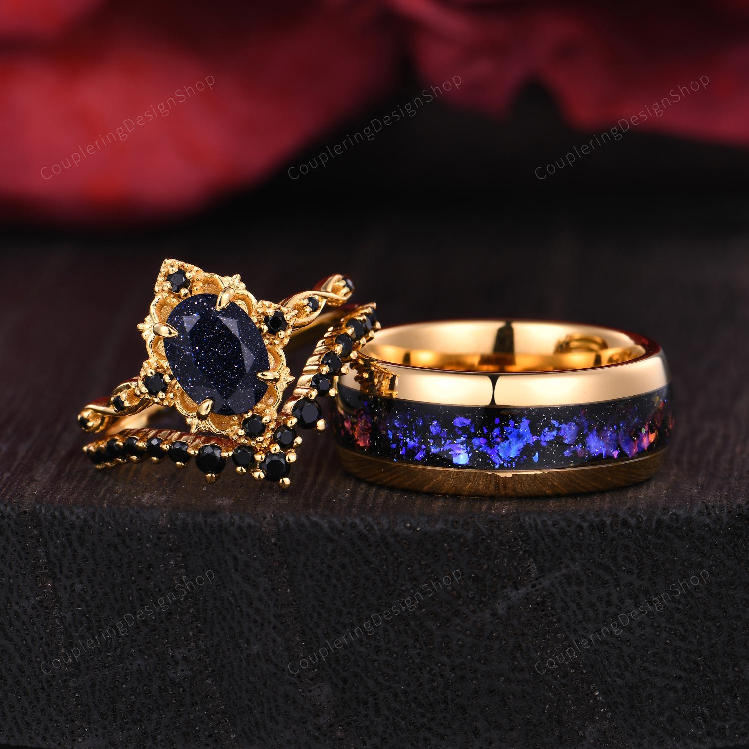 Rift Nebula Ring Set, His and Her Starry Night Wedding Band, Yellow Gold Matching Ring Set, Blue Sandstone Bridal Ring, Galaxy Cosmic Ring