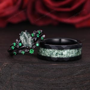 Natural Moss Agate & Emerald Rings Black Gold Couples Ring Set Leafy His and Hers Wedding Band Mens Moss Agate Ring Unique Promise Rings