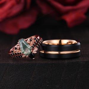 Vintage Moss Agate Couples Ring Coffin cut Bridal Set Rose Gold His and Hers Wedding Band Branch Leaf Ring Unique Moss Agate Promise Rings