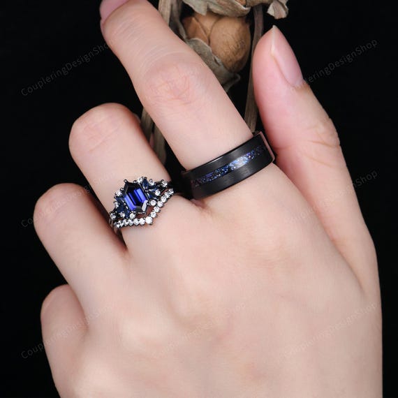 Galaxy Blue Sapphire Engagement Ring Black Gold Couples Ring Set