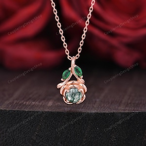 Round Natural Moss Agate Necklace Natural Inspired Floral Leaf Necklace Jewelry Moss Agate Birthday Gift For Her Women Pendant Jewelry Gift