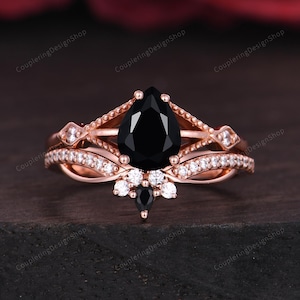 Art Deco Pear Cut Natural Black Onyx Engagement Ring Set Vintage Black Onyx Antique Wedding Ring Set Anniversary Ring Set Gift For Her