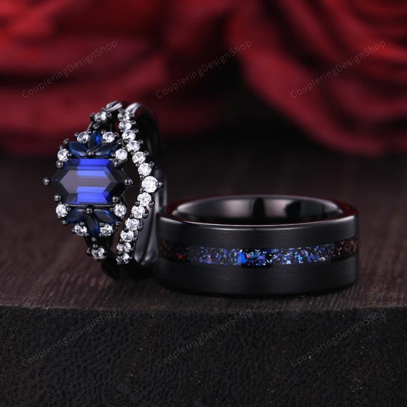 Galaxy Blue Sapphire Engagement Ring Black Gold Couples Ring Set