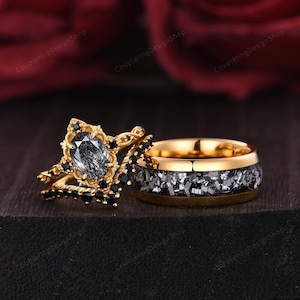 Ensemble de bagues pour couples en quartz rutilé noir, bagues de promesse, pierres précieuses noires antiques, alliance pour lui et pour elle, bague de fiançailles en tungstène pour homme