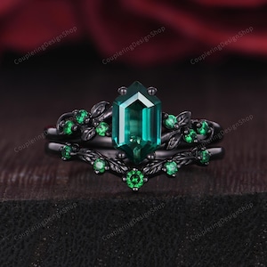 Gothic Black Gold Art Deco Emerald Engagement Ring Sets Emerald Bridal Sets Leaf Ring Promise Ring Nature Inspired Gemstone Cluster Ring