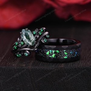 Gothic Moss Agate couples ring set black gold His and Her wedding band branch leaf rings emerald stacking ring Unique couple promise rings