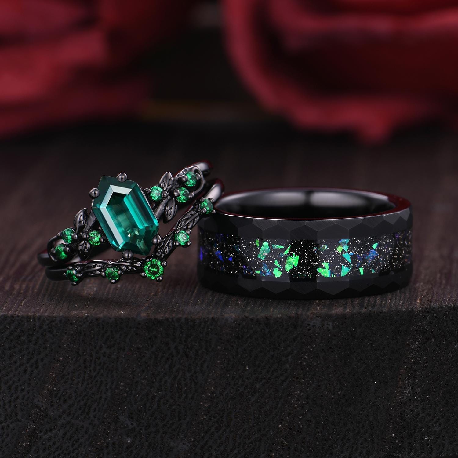 Leaf Inspired Emerald Engagement Ring Black Gold Couples Ring Set Gothic His and Hers Wedding Band Mens Tungsten Ring Unique Promise Rings