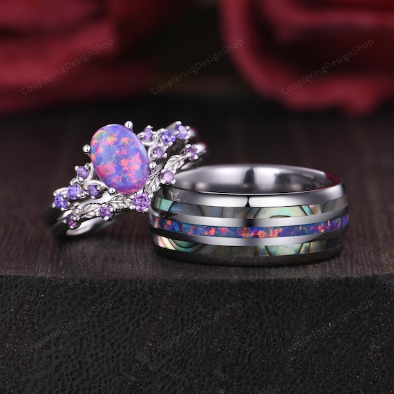 Purple Opal Amethyst Couples Ring Set Vintage His and Hers