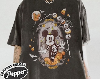 Retro komfortfärgad läskig Musse skelett kokett Halloween-tröjor, Musse är inte så läskig partytröja, Disney familjeresa Halloween 2025