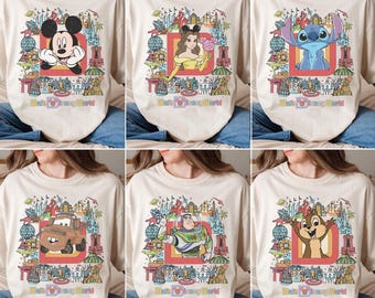 Camiseta vintage de Walt Disney con todos los personajes de Disneyworld: Mickey y sus amigos, Toy Story, Star Wars, princesas Disney, viaje familiar Disney