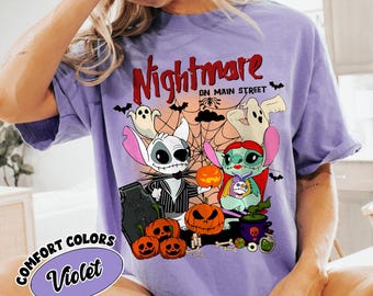 Retro Stitch & Angel Halloween Nightmare On Main Street Shirt, Disney Stitch Halloween Shirt,Stitch Jack Sally Couple Disney Halloween Shirt