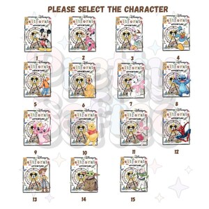 Puede incluir: Una colecci&oacute;n de 15 dise&ntilde;os tem&aacute;ticos de Disney, cada uno con un personaje diferente sobre un fondo de California Adventure. El texto "PLEASE SELECT THE CHARACTER" est&aacute; en la parte superior. Personajes: Mickey, Minnie, Stitch.