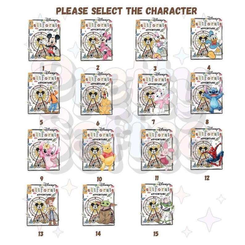 Puede incluir: Una colecci&oacute;n de 15 dise&ntilde;os tem&aacute;ticos de Disney, cada uno con un personaje diferente sobre un fondo de California Adventure. El texto "PLEASE SELECT THE CHARACTER" est&aacute; en la parte superior. Personajes: Mickey, Minnie, Stitch.