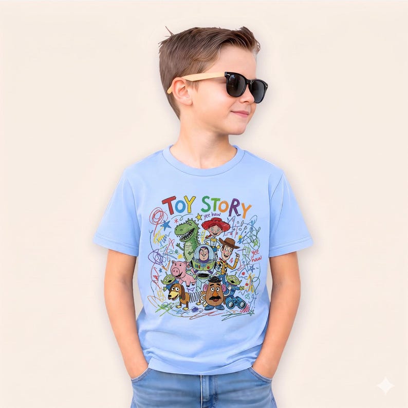 May include: A light blue t-shirt featuring the words "TOY STORY" in colorful lettering, along with cartoon character illustrations. The shirt has a crew neck and short sleeves.