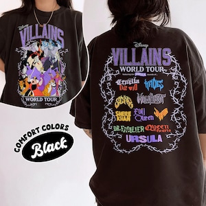 May include: Black t-shirt featuring Disney Villains. The front graphic shows various villains with the text "WORLD TOUR". The back displays the text "VILLAINS WORLD TOUR" and villain names. The shirt is labeled "COMFORT COLORS".