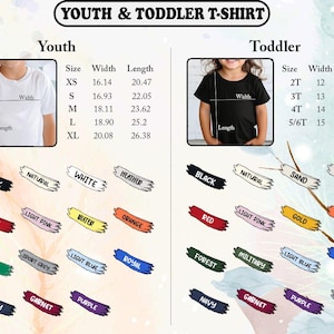 May include: A graphic showing youth and toddler t-shirt size charts with measurements in inches. The chart includes sizes, widths, and lengths for youth and toddler sizes, along with color options like black, white, and red.