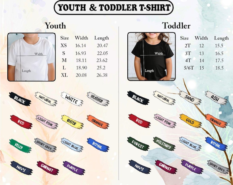 May include: A graphic showing youth and toddler t-shirt size charts with measurements in inches. The chart includes sizes, widths, and lengths for youth and toddler sizes, along with color options like black, white, and red.