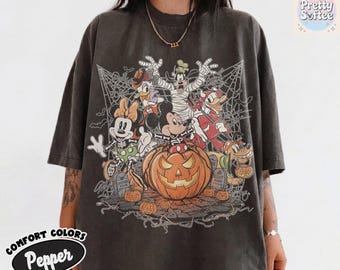 Retro Mickey & Friends with Signs Halloween Comfort Colors Shirt, Mickey's Not So Scary Party 2026 Tee, Trick or Treat Disney Trip Shirt
