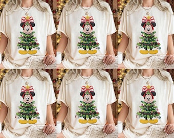 Maglietta vintage con albero di Natale di Topolino e i suoi amici, maglietta con albero di Natale Disney, magliette natalizie Disney per la famiglia, maglietta con tanti auguri di Buon Natale