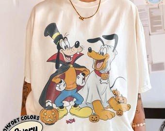 Vintage Goofy and Pluto Halloween Shirt, Comfort Colors Vampire Ghost Pumpkin Design Tee, Disney Family Matching Theme Park Trip Gift 2026