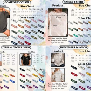 May include: A product image featuring size and color charts for various t-shirts and hoodies. The charts include measurements in inches for sizes ranging from small to 5XL. Color options are displayed with swatches.