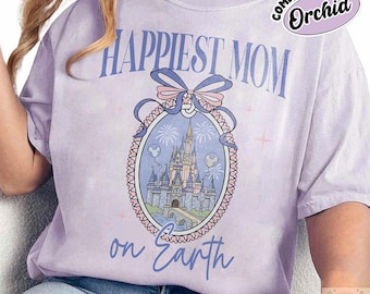 Camiseta con lazo de Disney Castle Coquette, camiseta "La mamá más feliz del mundo", camiseta Disney Mama, regalo para el Día de la Madre, atuendo para viaje familiar a Disneyland