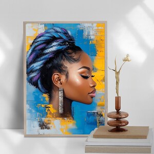 Afrocentric Wall Art | Black Woman Digital Print | Blue & Gold Abstract Decor | Melanin Beauty Portrait | Modern Home Aesthetic