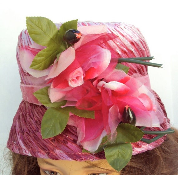 Pink Straw Hat, Bucket Hat, Cloche Hat, Big Flowers, … Gem