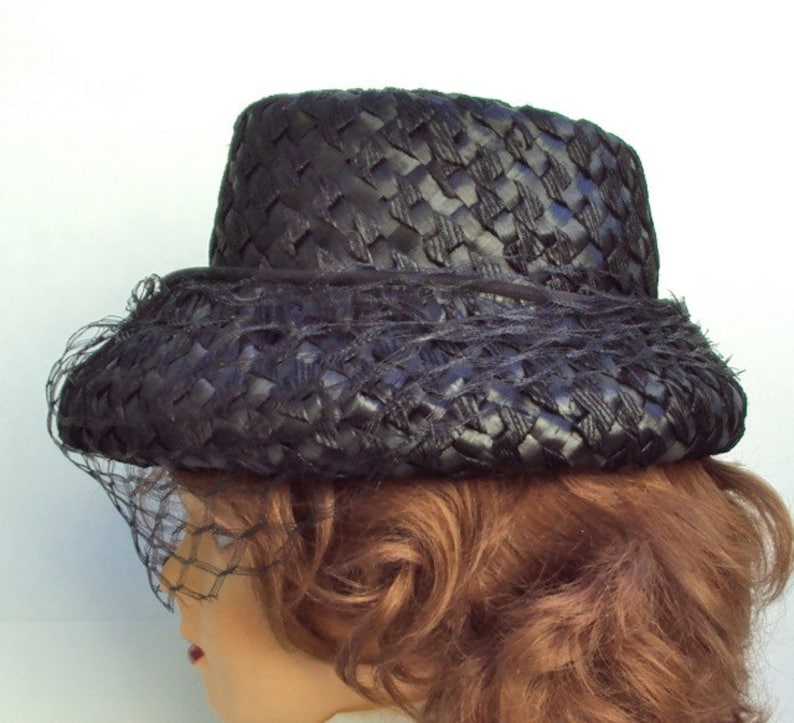 Bucket Style Black Straw with Veil Vintage Hat Cloche Leslie James